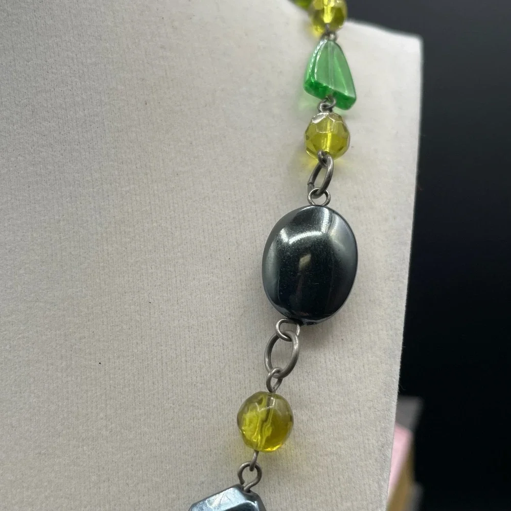 Silver-Tone Green‎ Peridot Tourmaline Station Statement Beaded Lobster Necklace